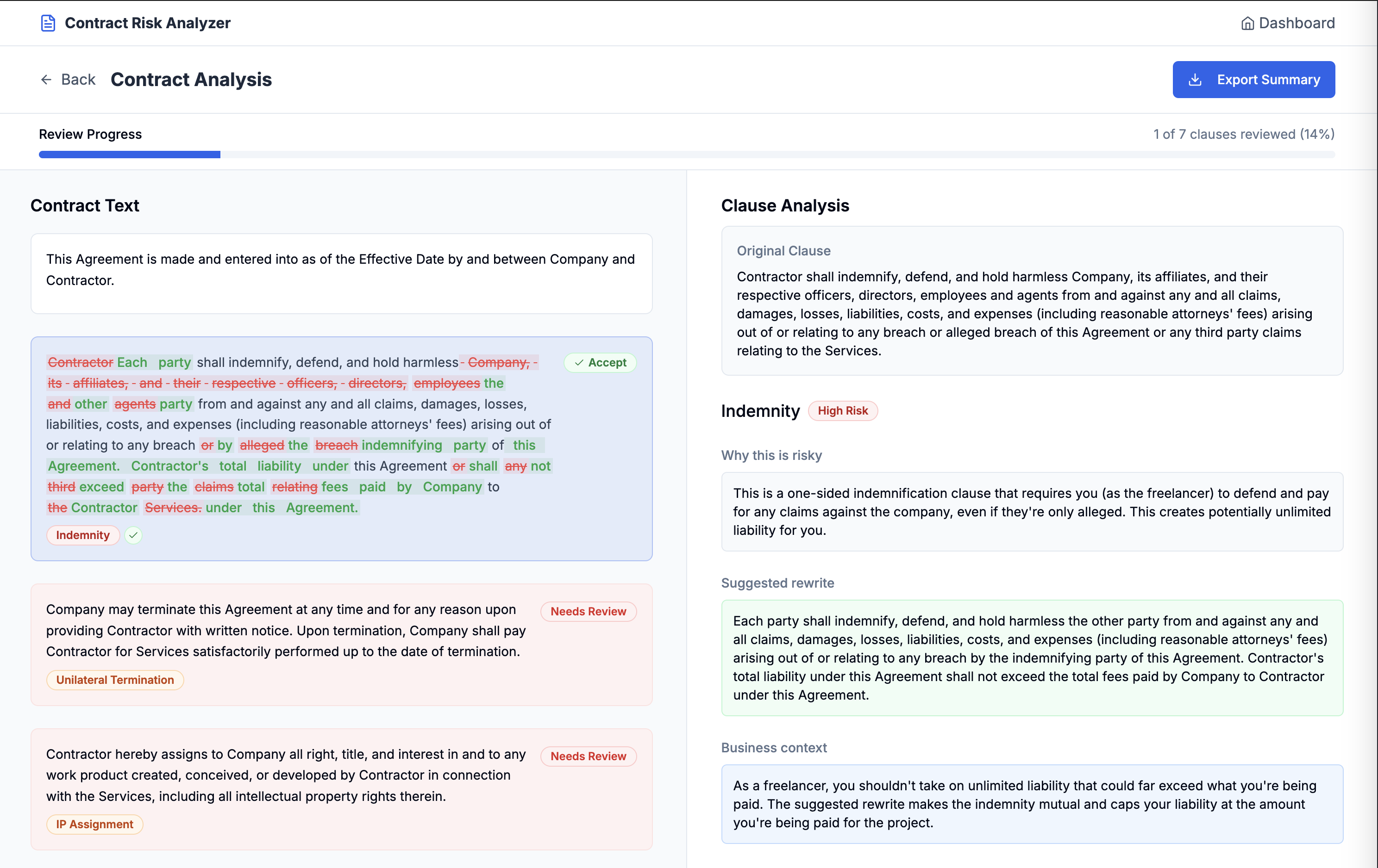 ClauseCheck contract analysis interface showing risk assessment of an indemnity clause